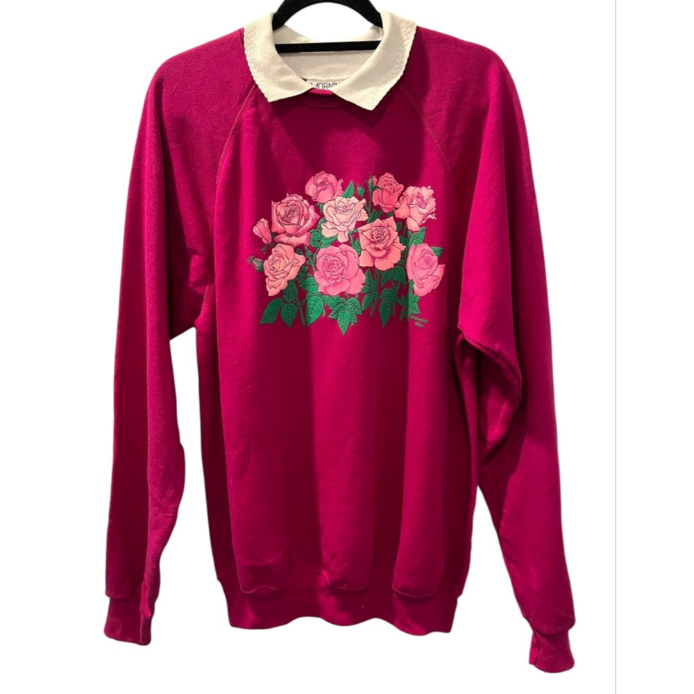 Vintage Morning Sun Hanes Size XL Pullover Sweater Roses Magenta White Collar